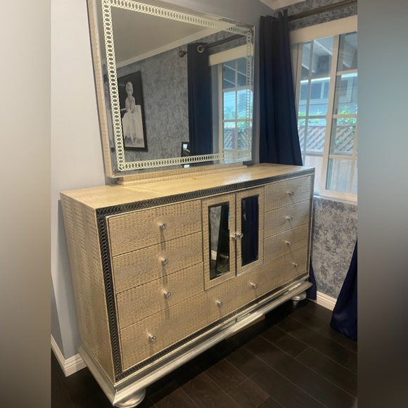 Michael Amini Hollywood Swank Upholstered Dresser, Crystal Croc - Picture 1 of 4